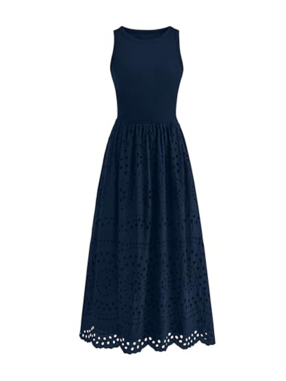Sleeveless Lace Eyelet Cotton Maxi Dress with Pockets